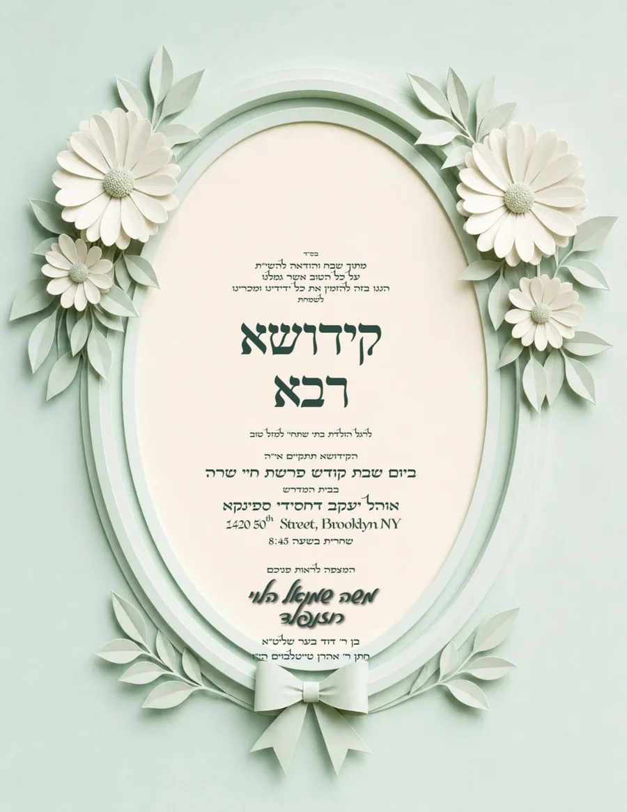 Blush Paper Sculpture Oval Frame Mint & Cream Paper - Kiddush invitation