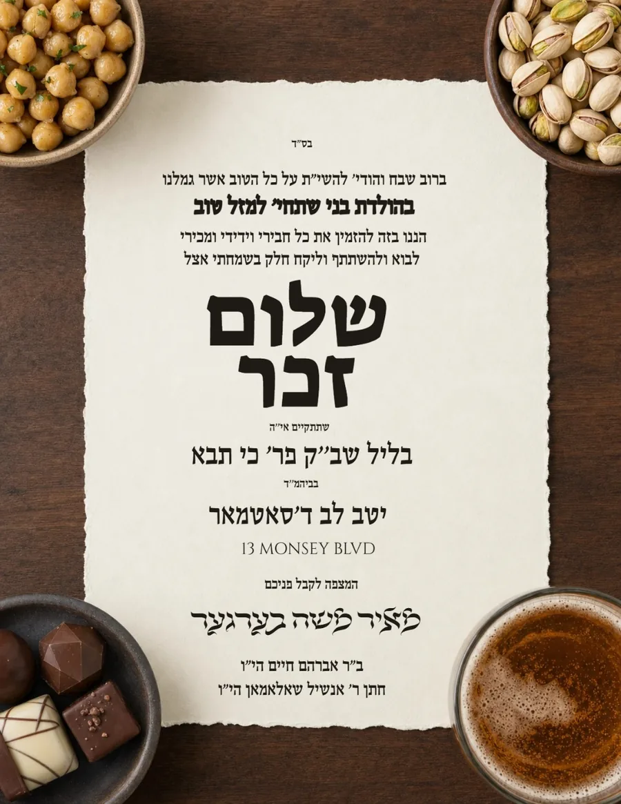 Parchment Flat Lay Dark Walnut Table - Shalom Zachor invitation