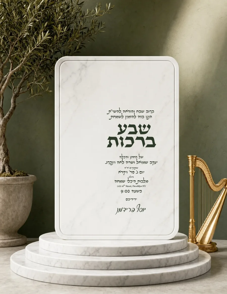 Stone Plaque On Podium Olive & White Marble - Sheva Brachos invitation