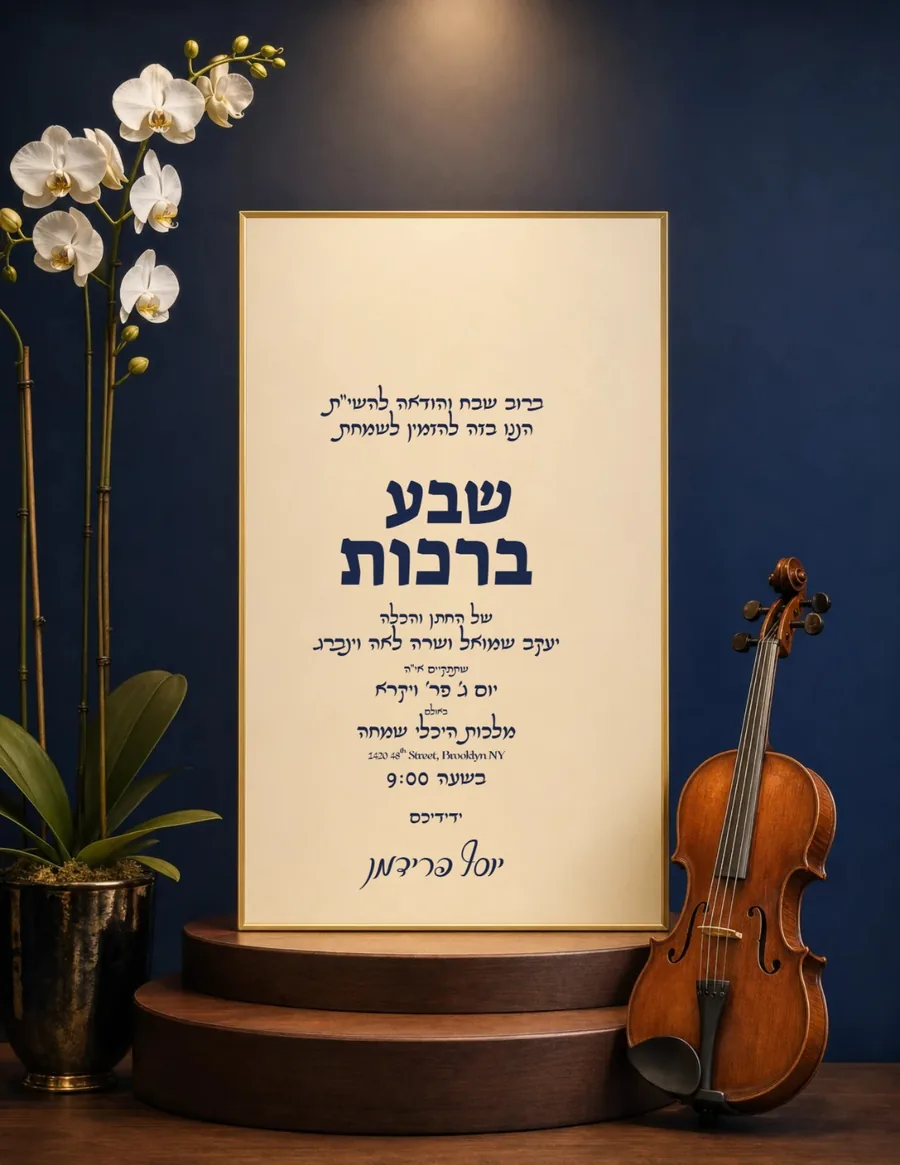 Stone Plaque On Podium Navy & Brass - Sheva Brachos invitation