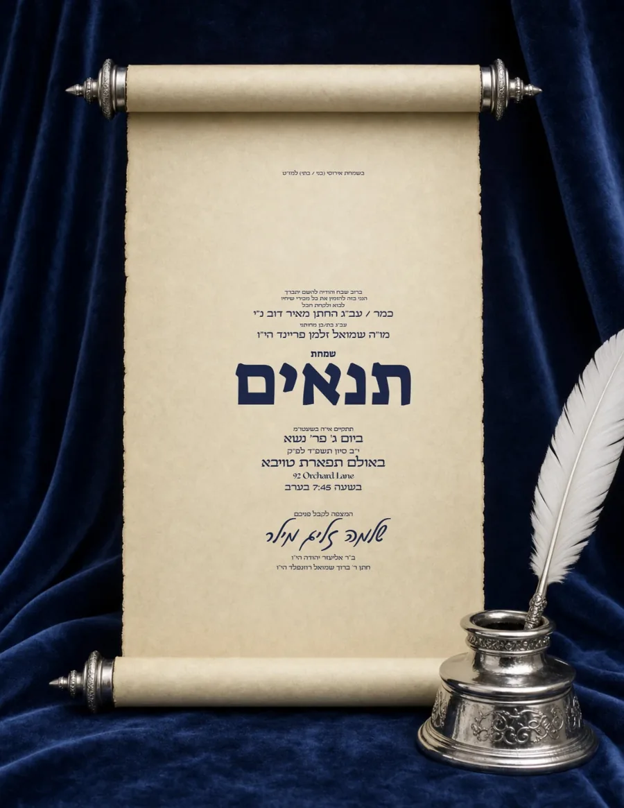 Parchment Scroll Navy Velvet & Silver - Tenaim invitation
