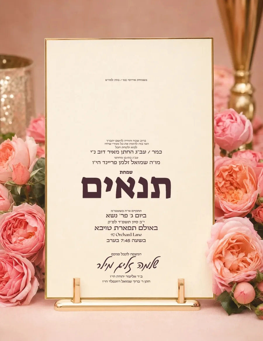 Tenaim Card On Gold Stand Pink Roses - Tenaim invitation