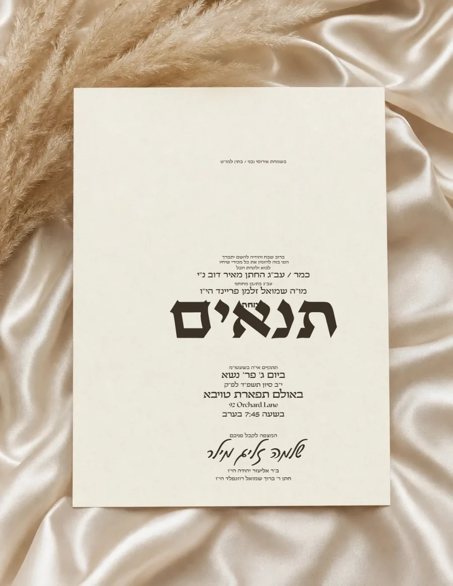 Tenaim Cream Card On Champagne Satin - Tenaim invitation