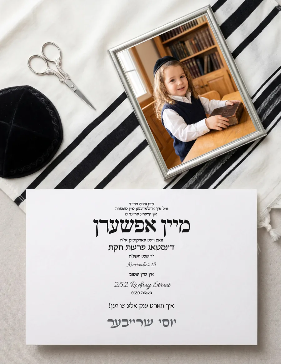 Tallis Flat Lay & Silver Frame - Upsherin invitation