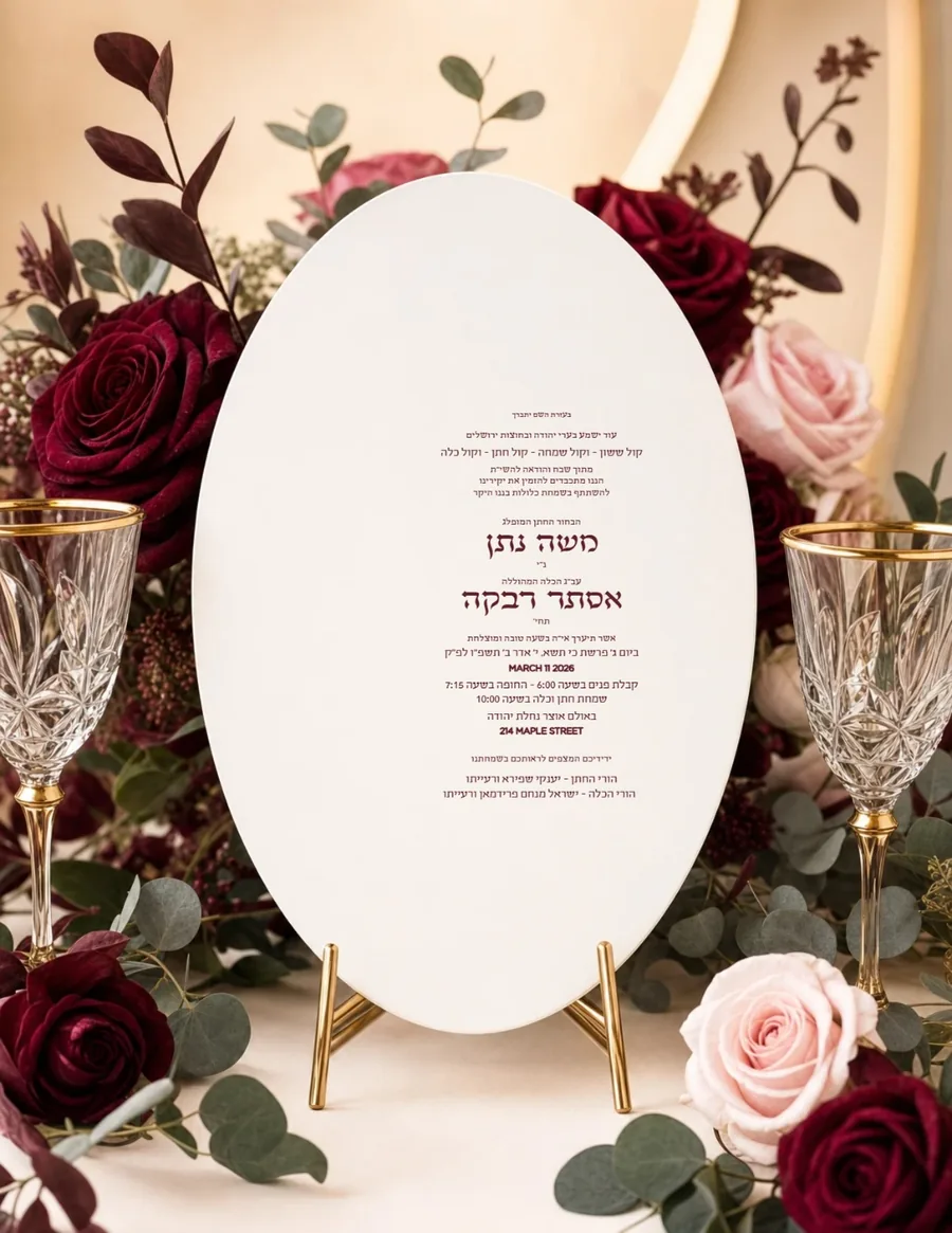 Oval Card On Easel Burgundy Roses & Gold - Wedding invitation