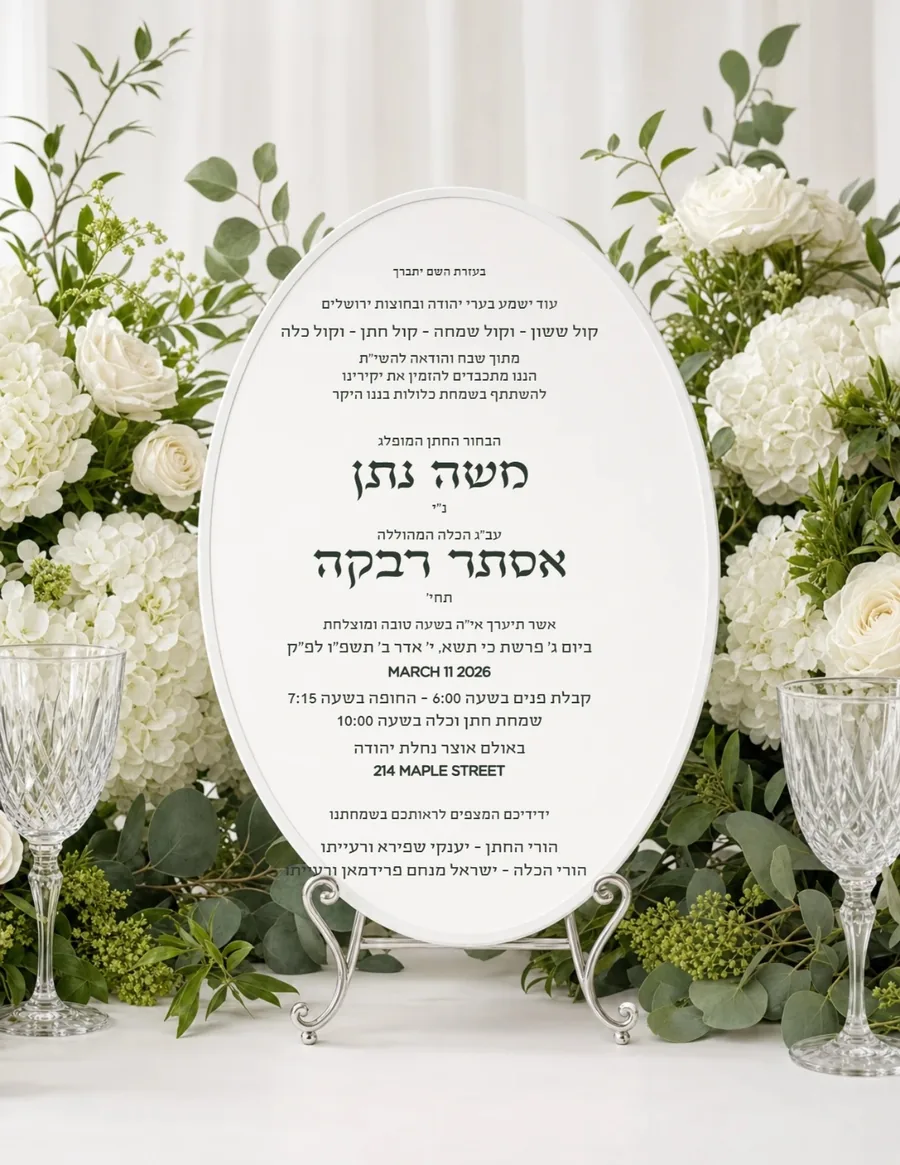 Oval Card On Easel White Flowers & Greenery - Wedding invitation